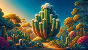 Thriving San Pedro Cactus in a lush garden, showcasing its rapid growth up to 20 feet tall, under optimal sunlight and care conditions with beautiful white flowers blooming at night.